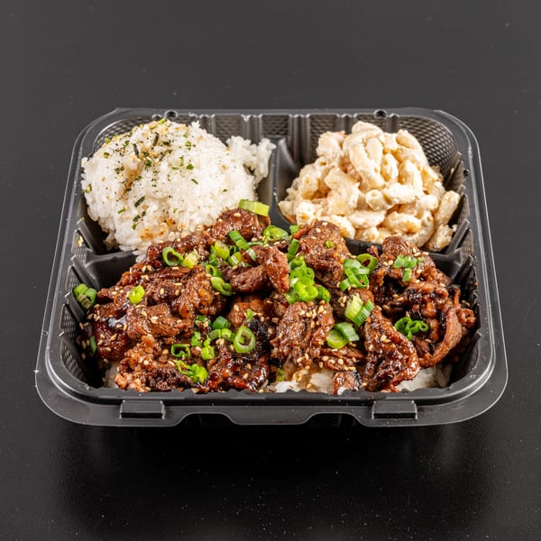 Generations Kitchen Hawaiian Food's beef bulgogi plate with rice and macaroni salad in a to-go container.